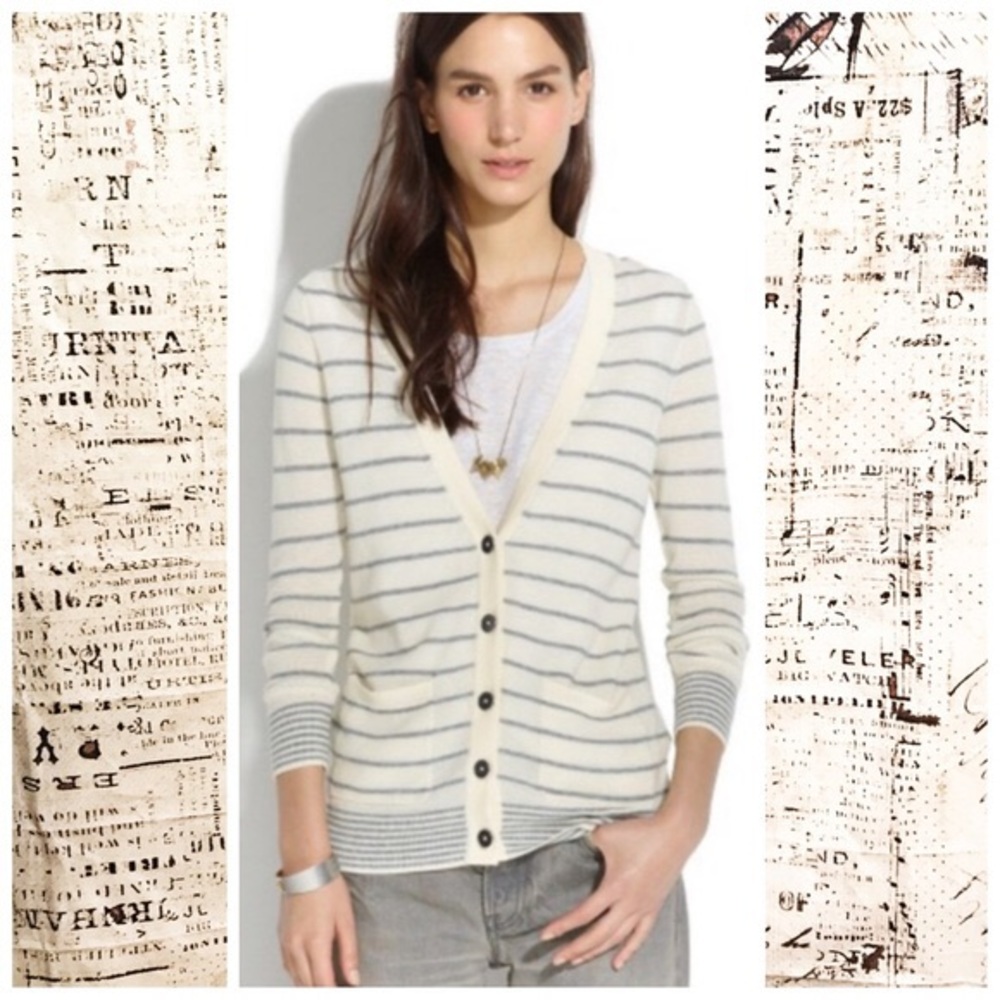 Madewell Thin Cream & Gray Striped Cotton Cardigan